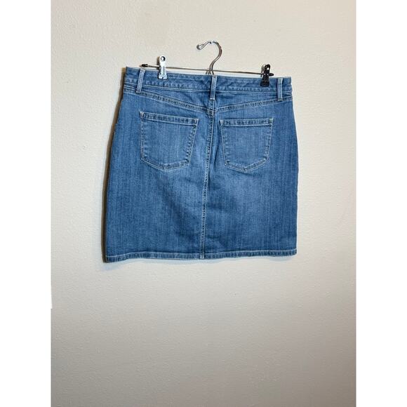 Talbots skirt blue embroidered stretch denim fly front & pockets Sz 12 P - Picture 3 of 8